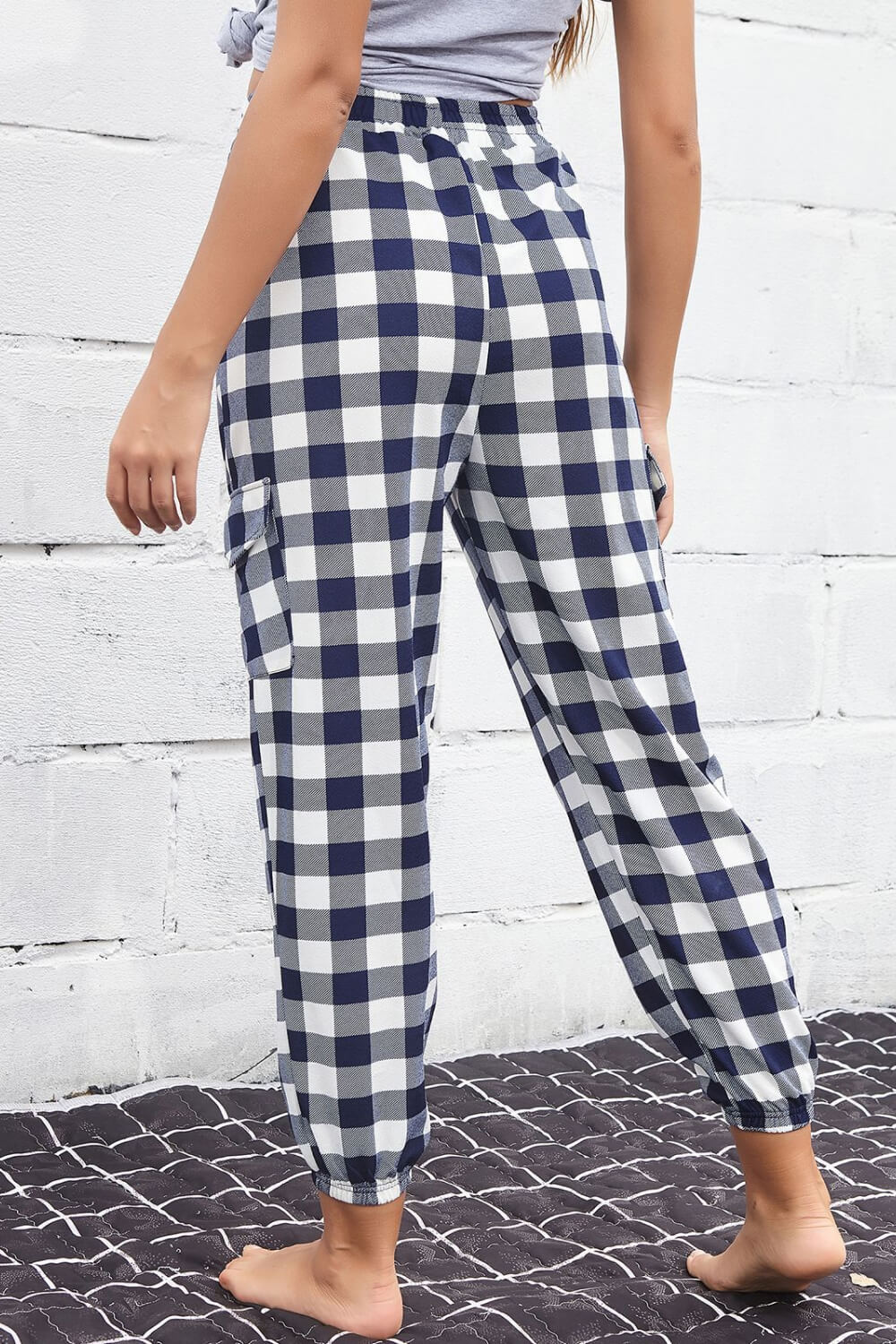 Plaid Elastic High Waist Cargo Pants-Mope's Closet