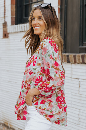 Floral V-Neck Tiered Babydoll Blouse-Mope's Closet