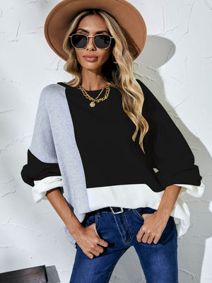 Color Block Balloon Sleeve Boat Neck Sweater-Mope's Closet