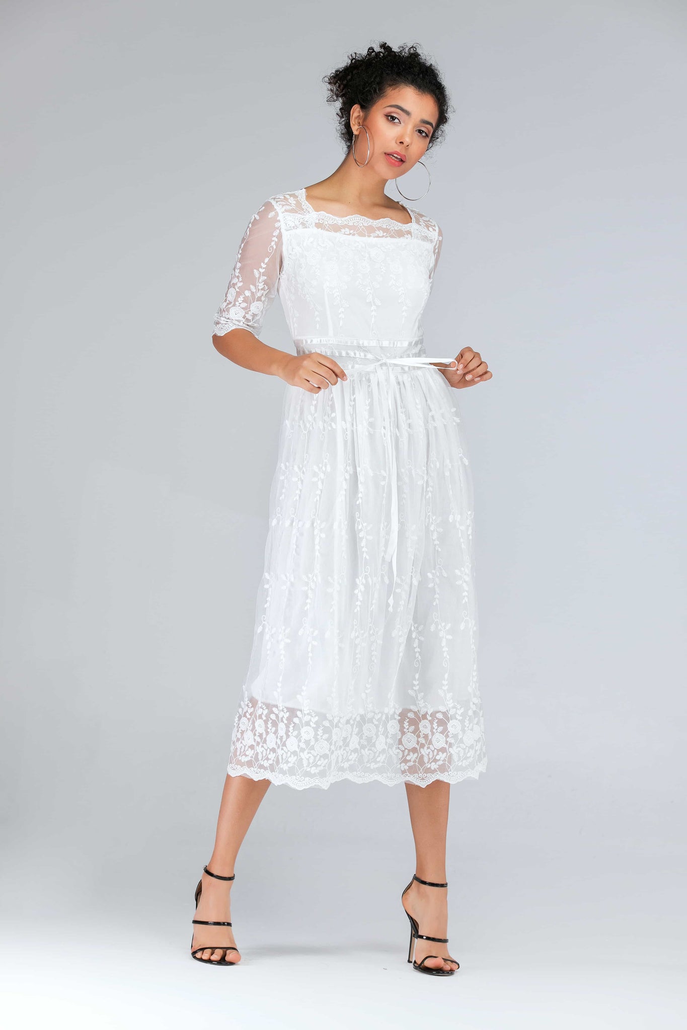 Scalloped Lace Half Sleeve Midi Dress-Mope's Closet