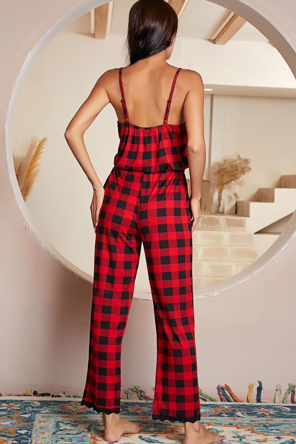 Plaid Lace Trim Spaghetti Strap Jumpsuit-Mope's Closet