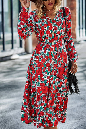 Printed Button Front Belted Tiered Shirt Dress-Mope's Closet