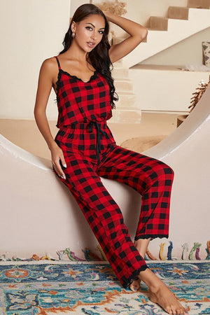 Plaid Lace Trim Spaghetti Strap Jumpsuit-Mope's Closet