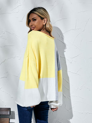 Color Block Balloon Sleeve Boat Neck Sweater-Mope's Closet