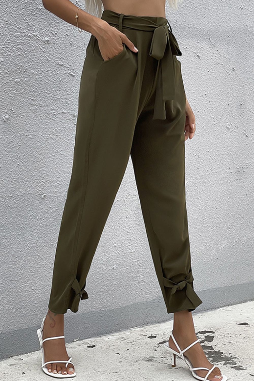 Tie Detail Belted Pants with Pockets-Mope's Closet