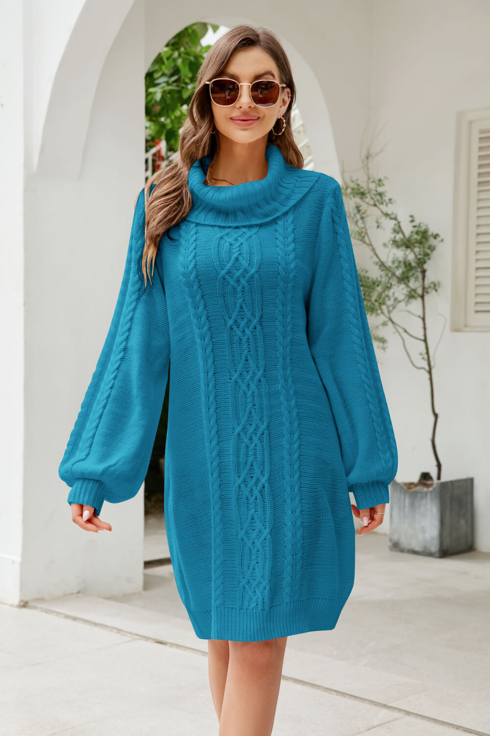 Mixed Knit Turtleneck Lantern Sleeve Sweater Dress-Mope's Closet