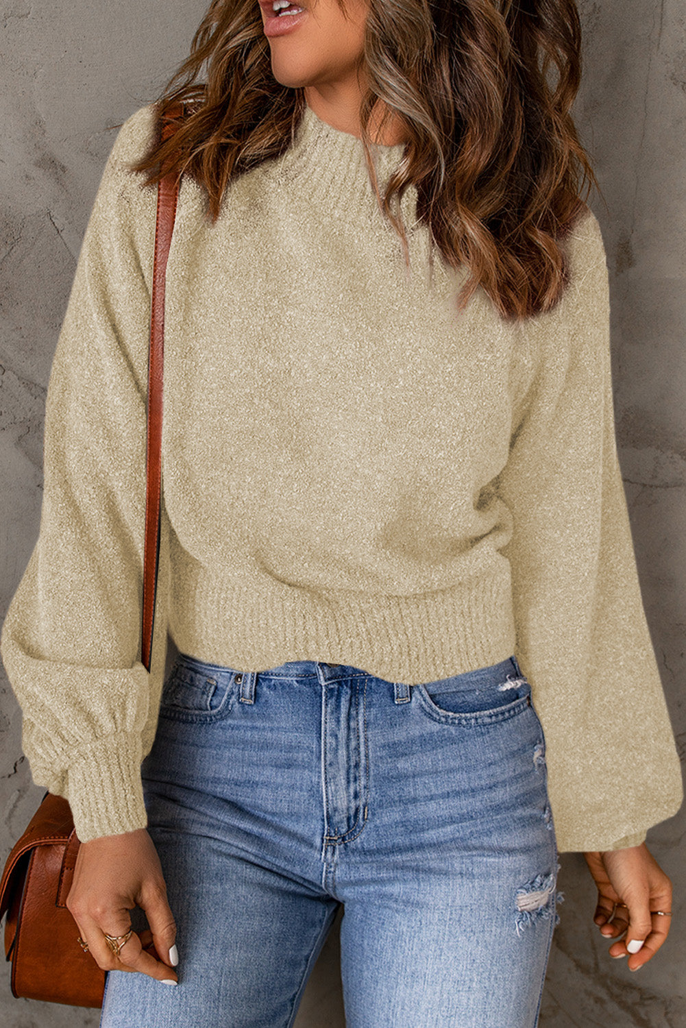 Ribbed Trim Balloon Sleeve Sweater-Mope's Closet