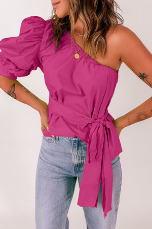 Tied Puff Sleeve One-Shoulder Top-Mope's Closet