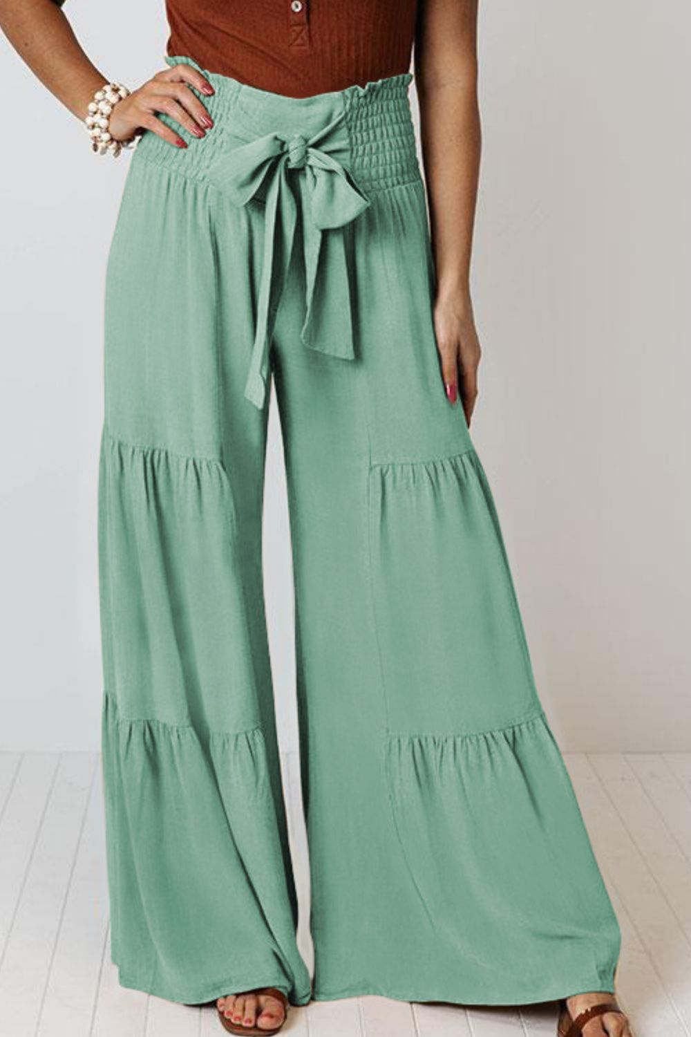 Tie Front Smocked Tiered Culottes-Mope's Closet