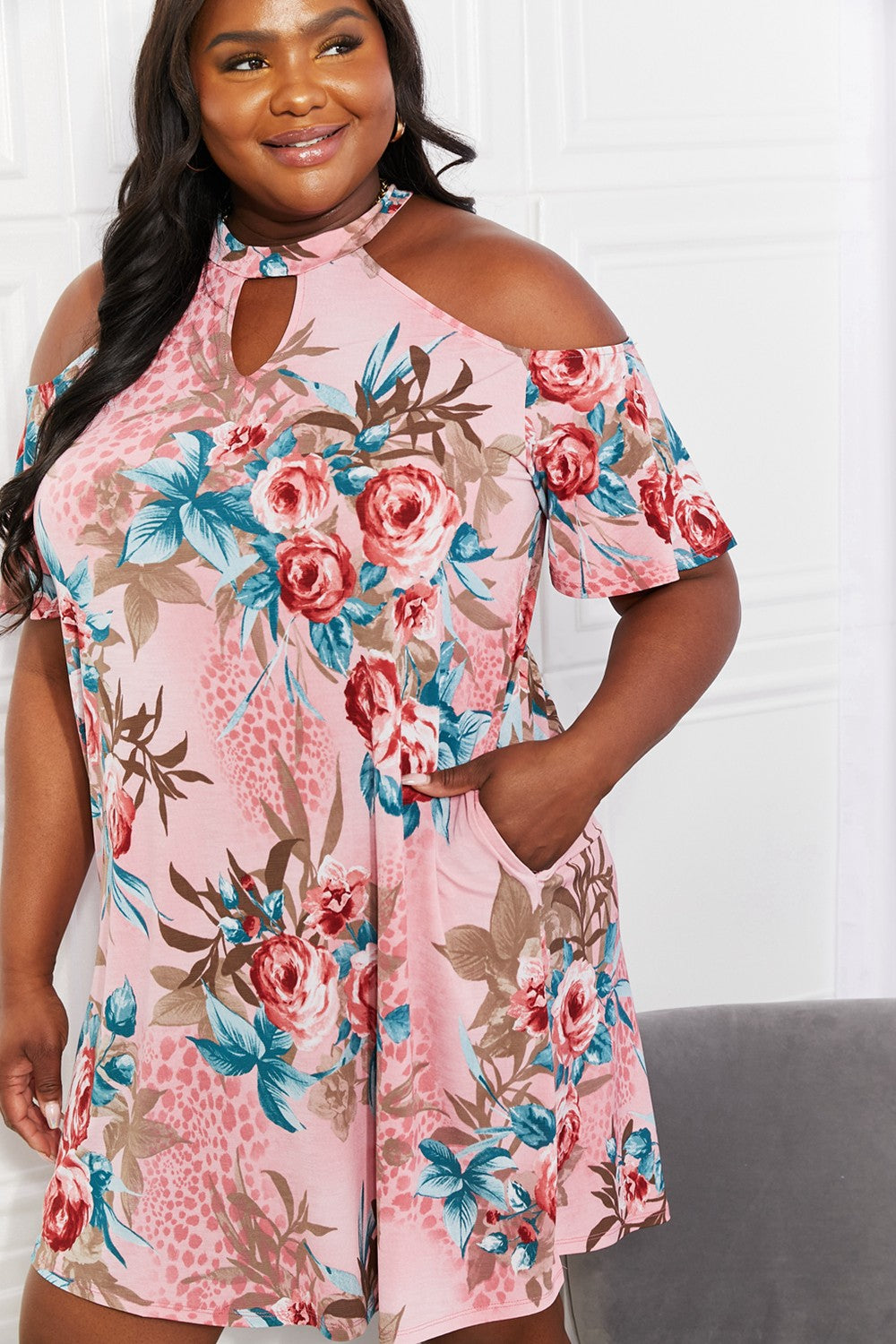 Sew In Love Full Size Fresh-Cut Flowers Cold-Shoulder Dress-Mope's Closet