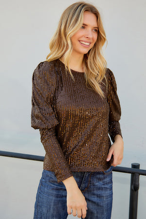 Sequin Puff Sleeve Round Neck Top-Mope's Closet