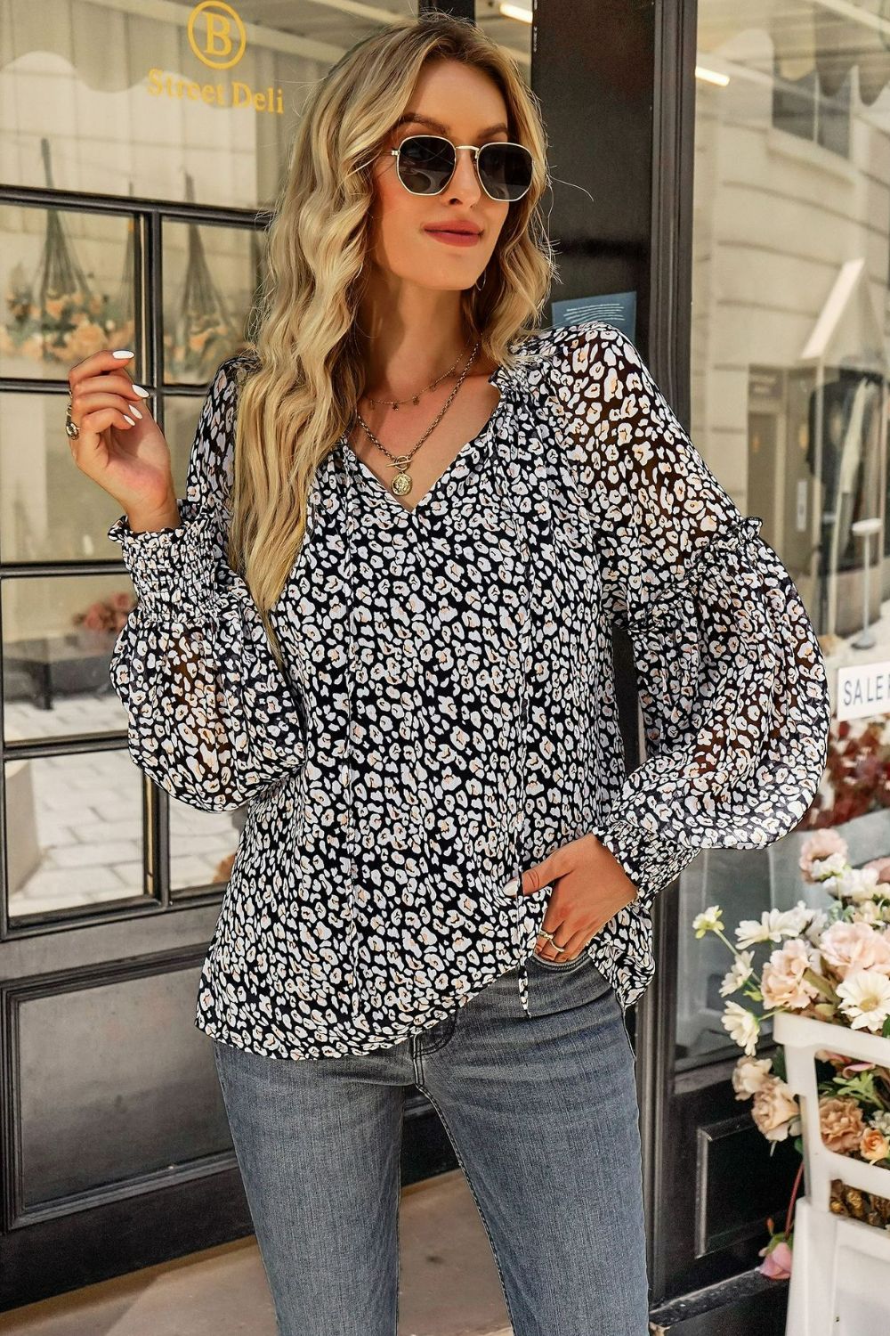 Floral Tie Neck Lantern Sleeve Blouse-Mope's Closet