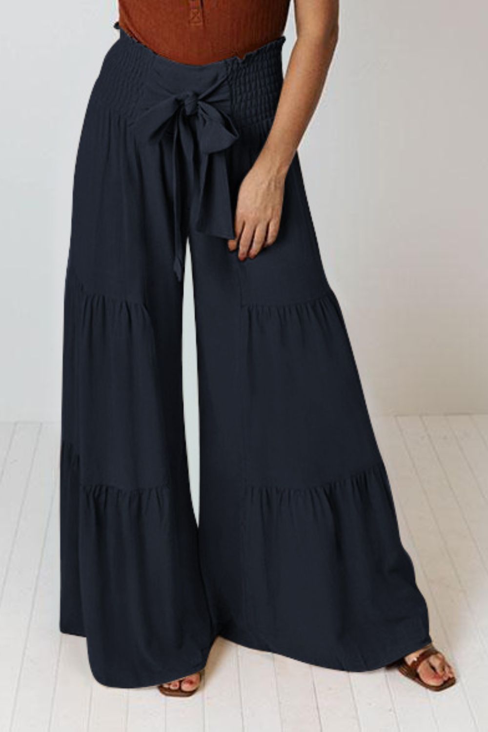 Tie Front Smocked Tiered Culottes-Mope's Closet