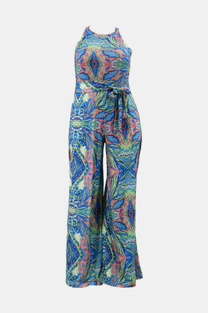 Plus Size Printed Tie Waist Jumpsuit with Pockets-Mope's Closet