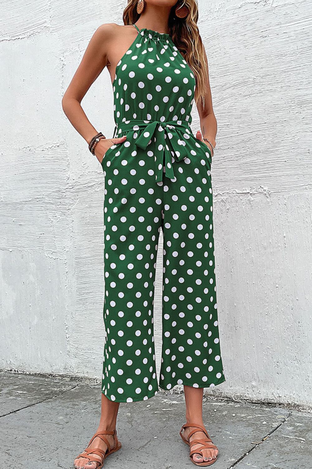 Polka Dot Grecian Wide Leg Jumpsuit-Mope's Closet