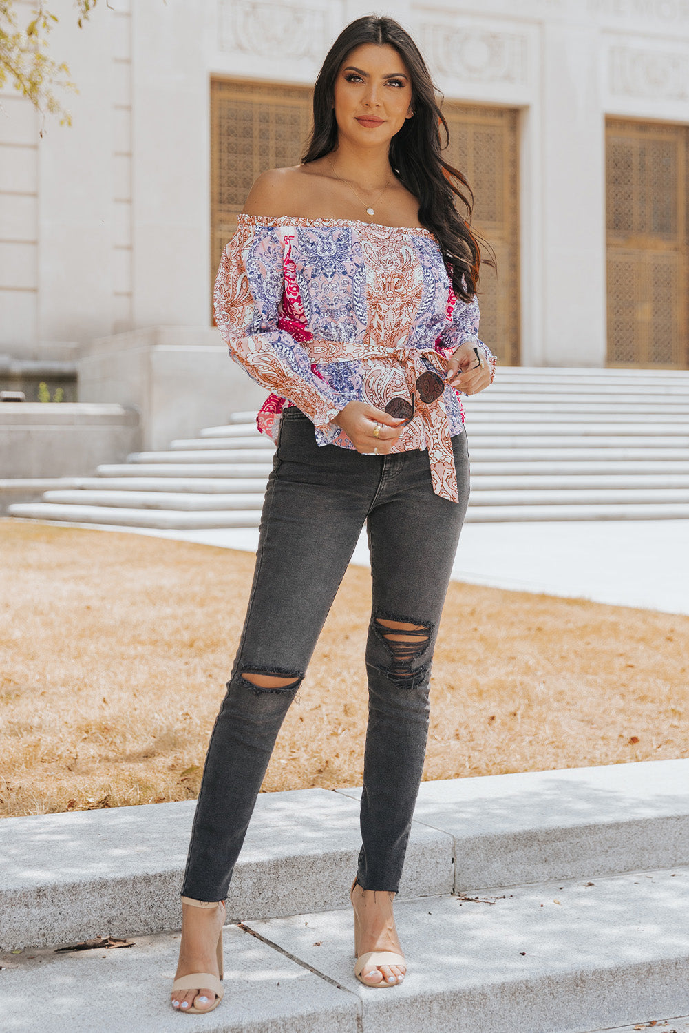 Printed Off-Shoulder Flounce Sleeve Belted Blouse-Mope's Closet