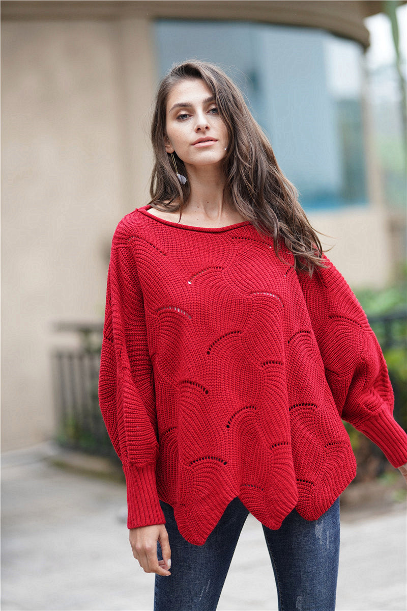 Openwork Boat Neck Sweater with Scalloped Hem-Mope's Closet