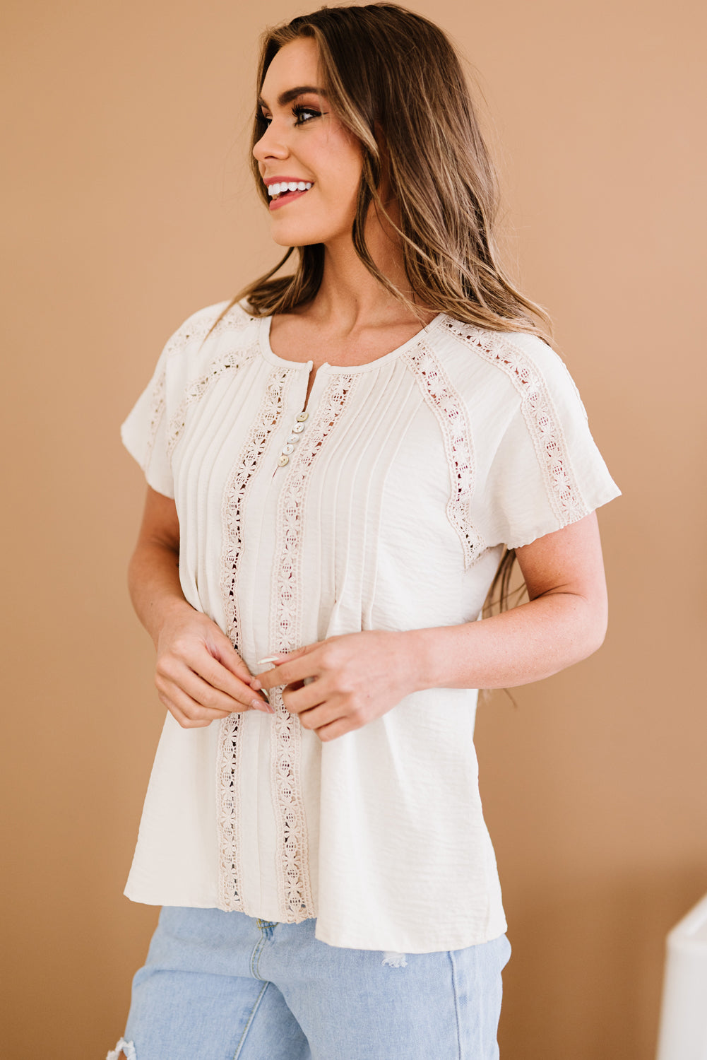 Crochet Eyelet Buttoned Short Sleeves Top-Mope's Closet