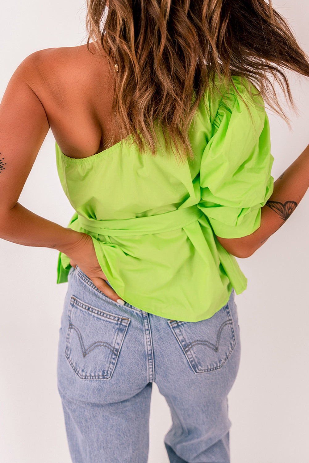 Tied Puff Sleeve One-Shoulder Top-Mope's Closet