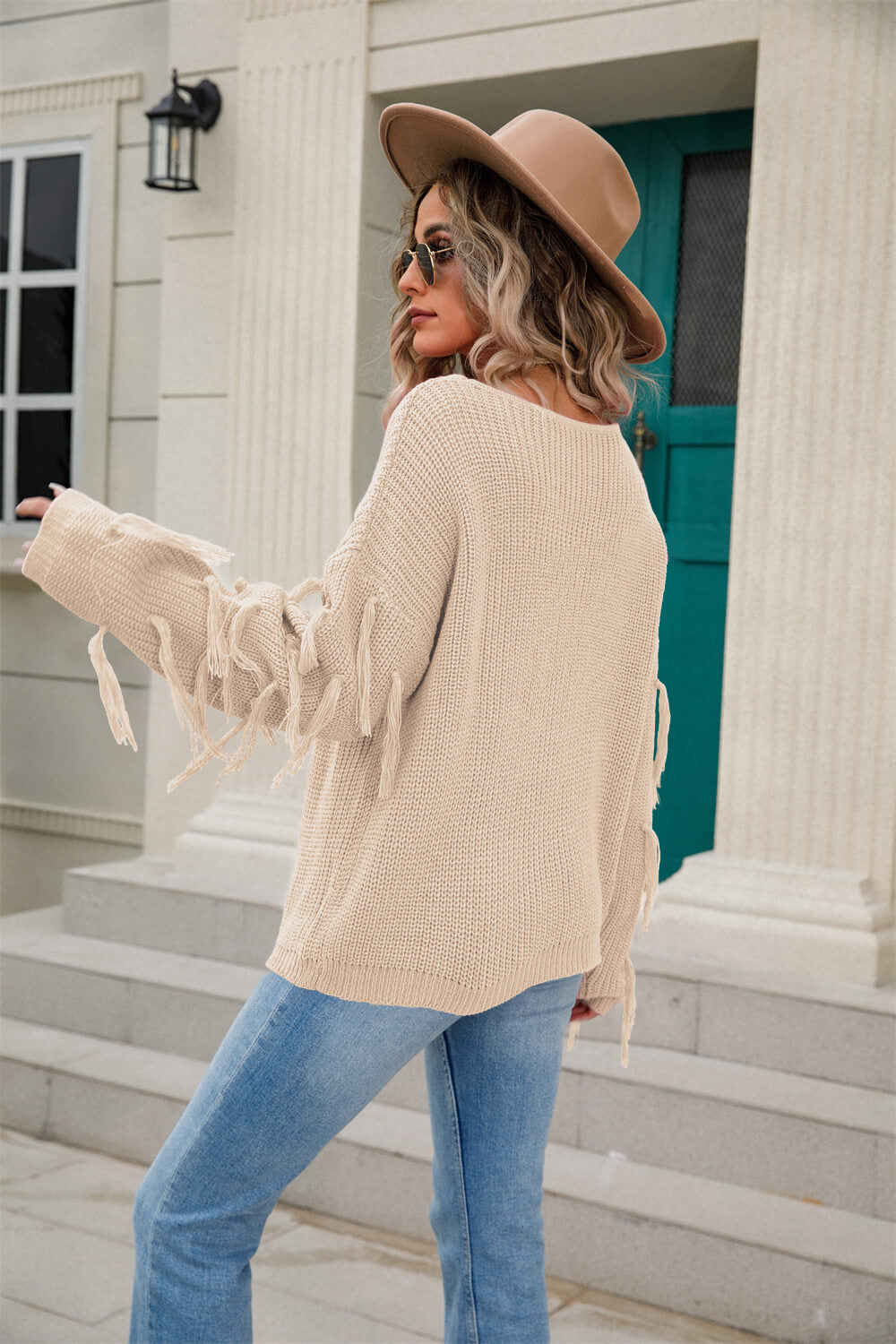 Tassel Detail Rib-Knit Round Neck Sweater-Mope's Closet