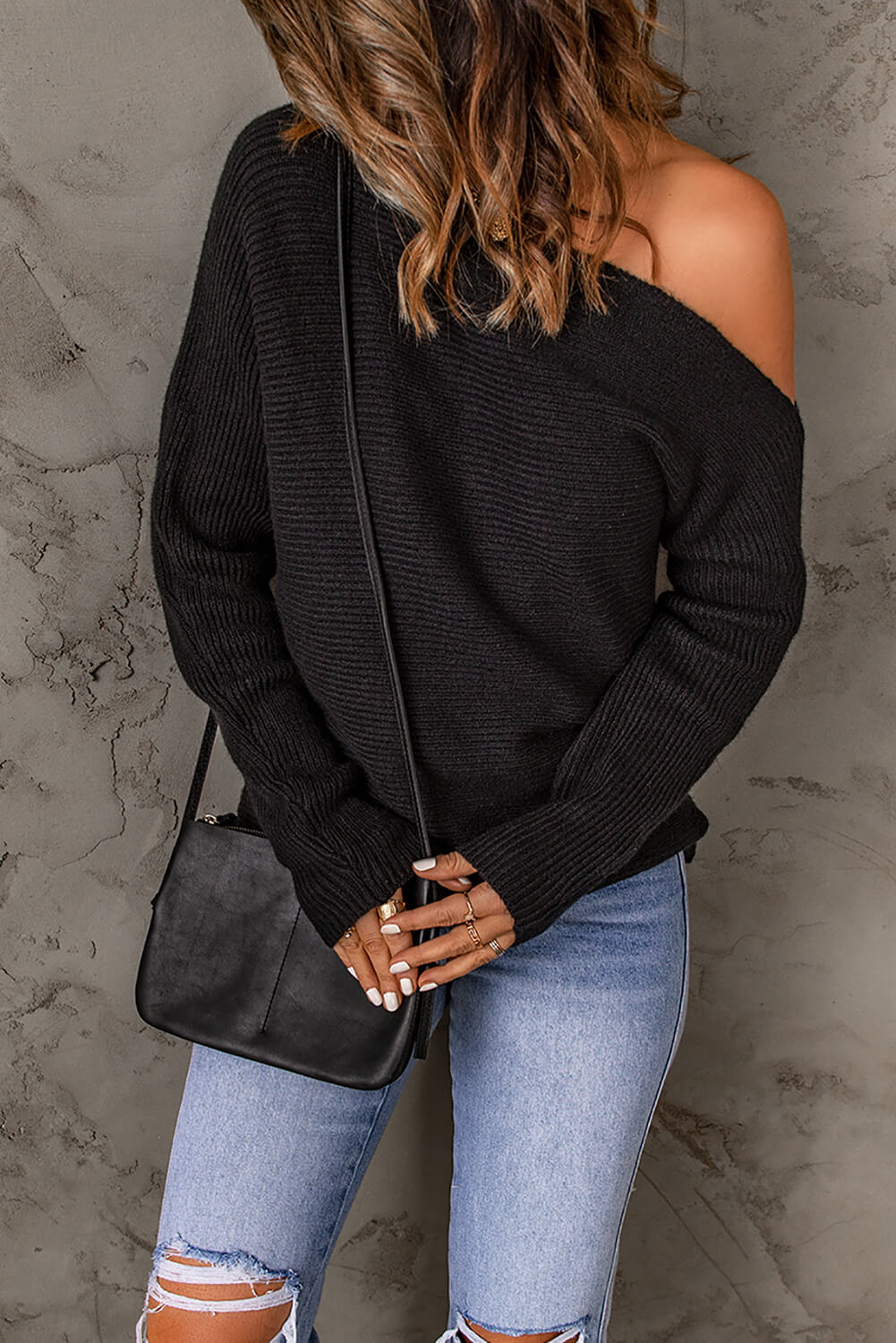 Horizontal Ribbing One-Shoulder Sweater-Mope's Closet