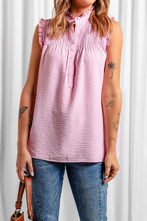 Buttoned Frill Trim Smocked Sleeveless Blouse-Mope's Closet