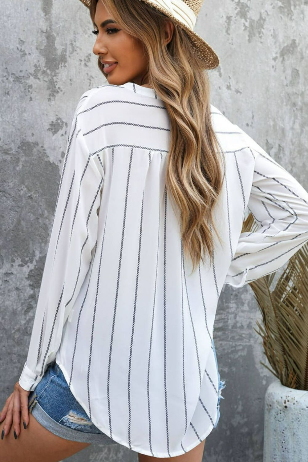 Striped V-Neck High-Low Shirt with Breast Pocket-Mope's Closet