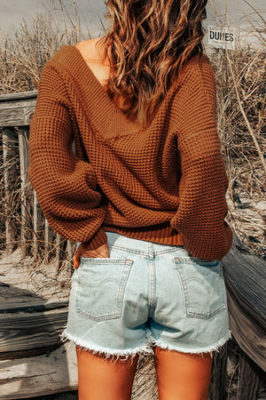 Rib-Knit Drop Shoulder V-Neck Sweater-Mope's Closet