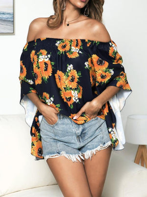 Floral Print Off-Shoulder Flounce Sleeve Blouse-Mope's Closet