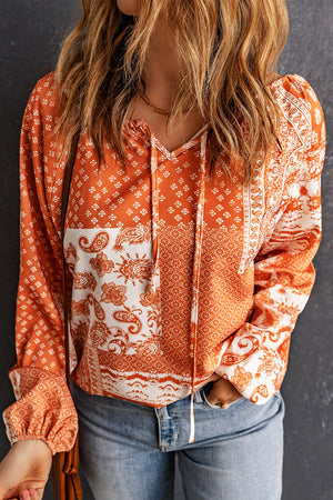 Bohemian Tie-Neck Balloon Sleeve Blouse-Mope's Closet