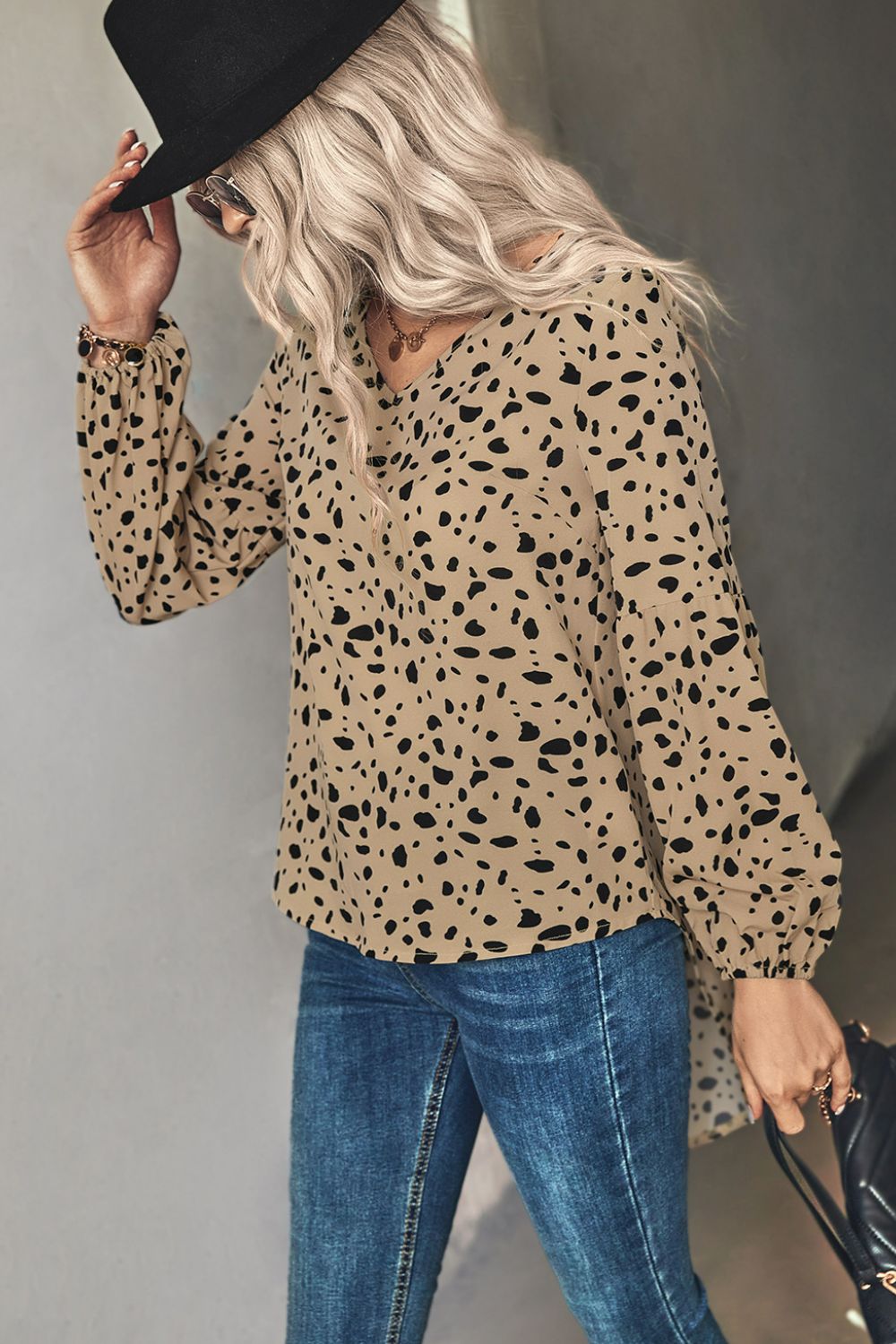 Animal Print V-Neck High-Low Blouse-Mope's Closet