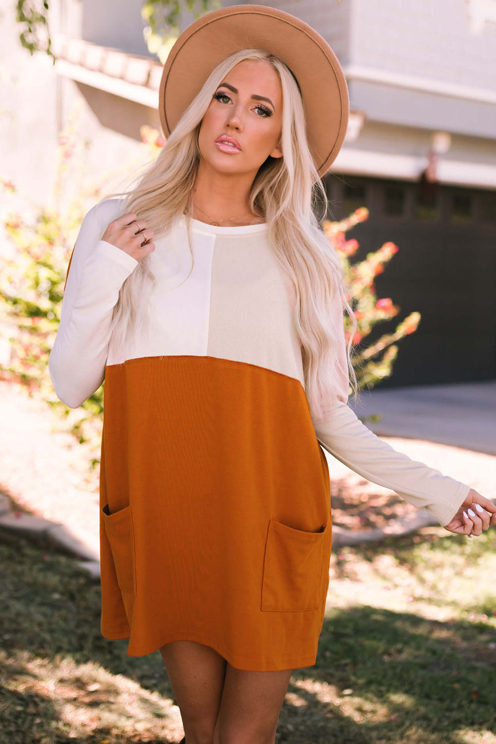 Color Block Round Neck Longline Top with Pockets-Mope's Closet