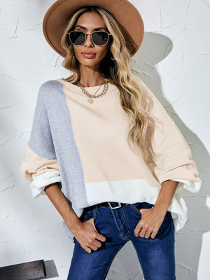 Color Block Balloon Sleeve Boat Neck Sweater-Mope's Closet