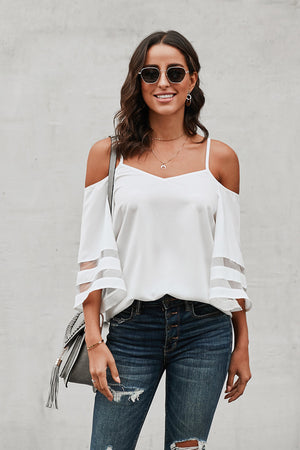 Cold-Shoulder Three-Quarter Flare Sleeve Blouse-Mope's Closet