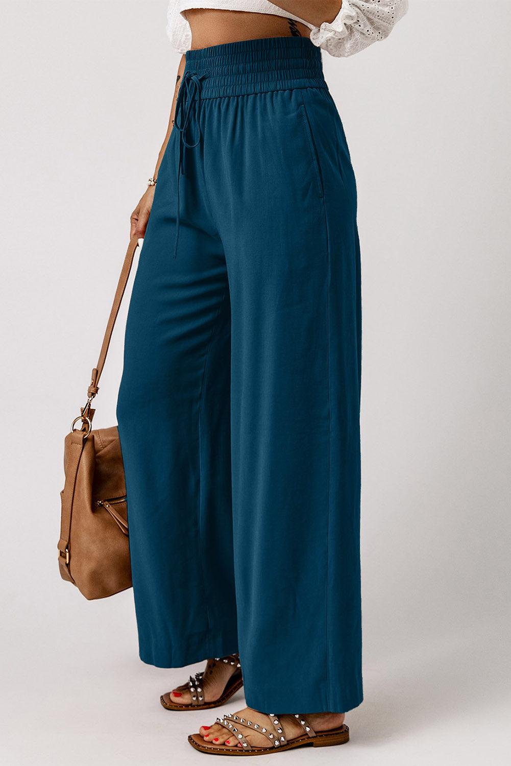 Drawstring Smocked Waist Wide Leg Pants-Mope's Closet