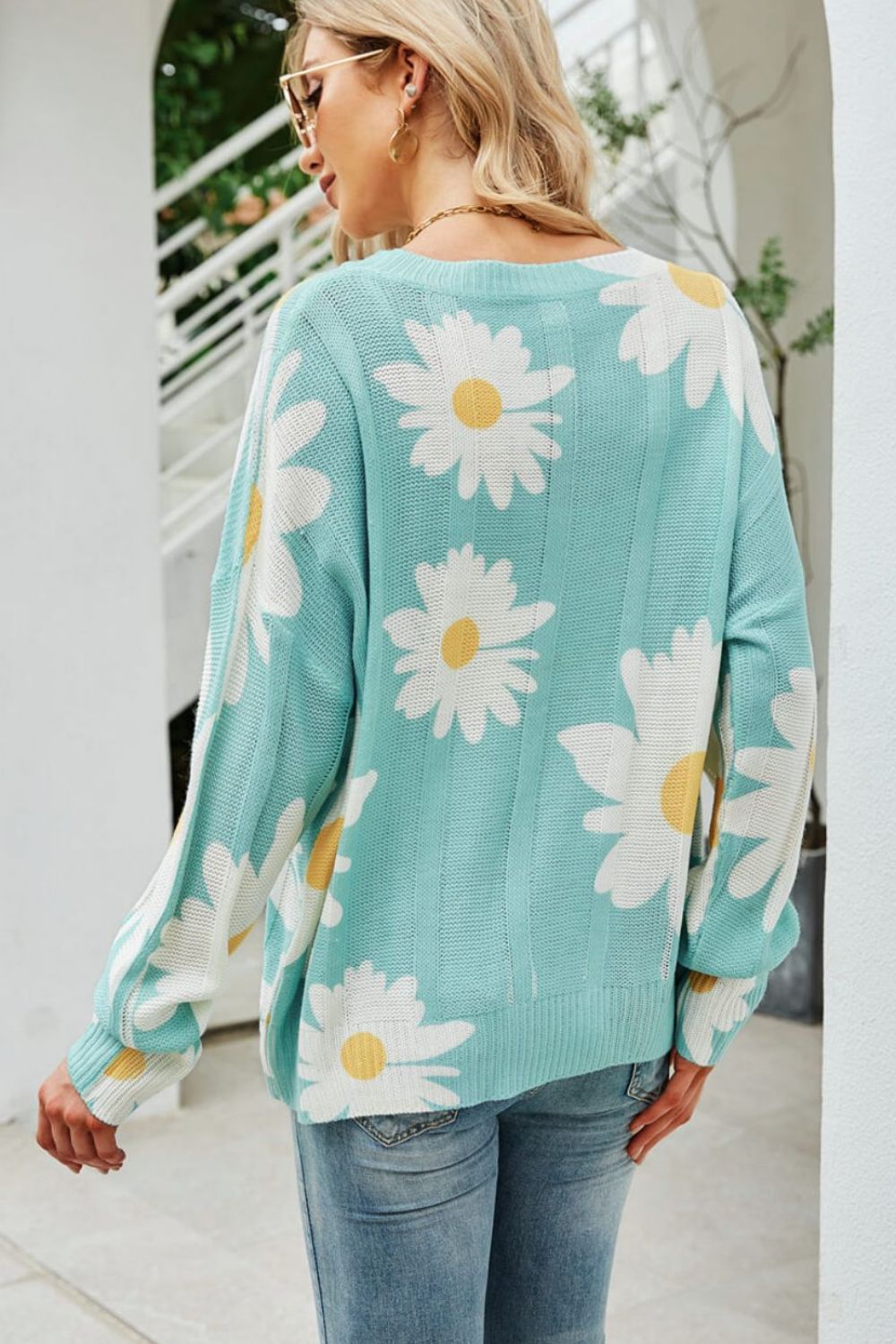 Daisy Print Openwork Round Neck Sweater-Mope's Closet