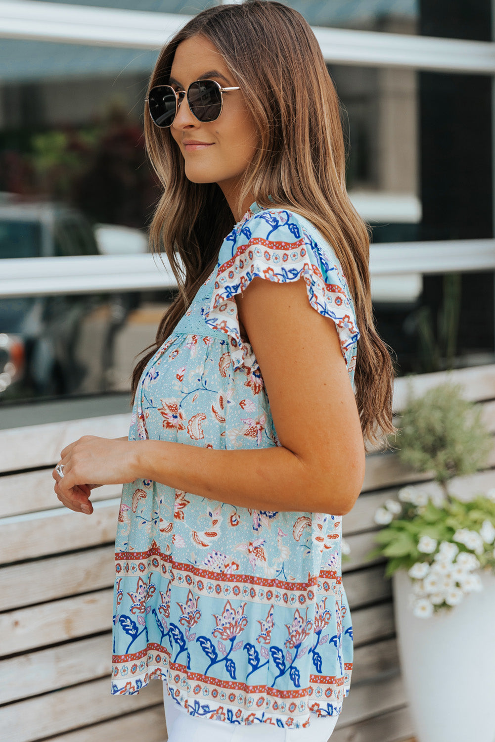 Floral Flutter Sleeve Sleeveless Blouse-Mope's Closet