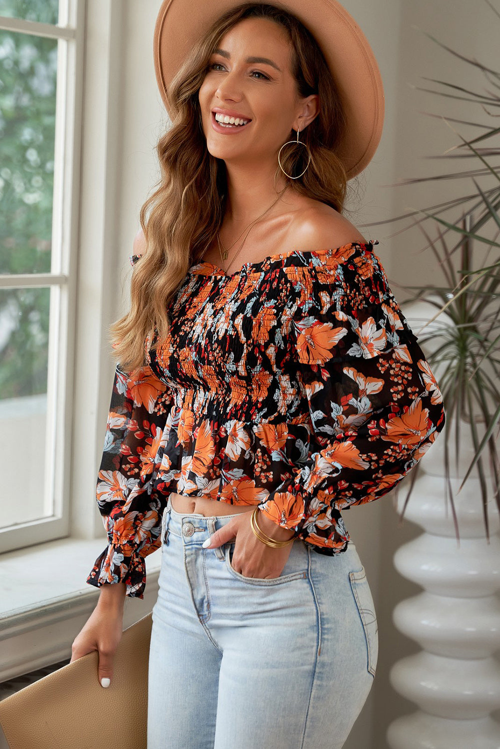 Floral Smocked Off-Shoulder Peplum Top-Mope's Closet