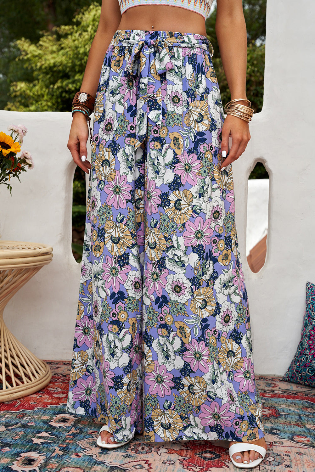 Floral Tie Belt Wide Leg Pants-Mope's Closet