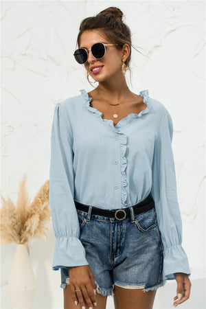 Frill Trim V-Neck Flounce Sleeve Shirt-Mope's Closet