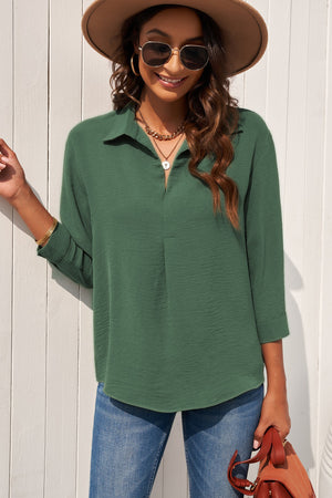 Textured Johnny Collar Three-Quarter Sleeve Blouse-Mope's Closet