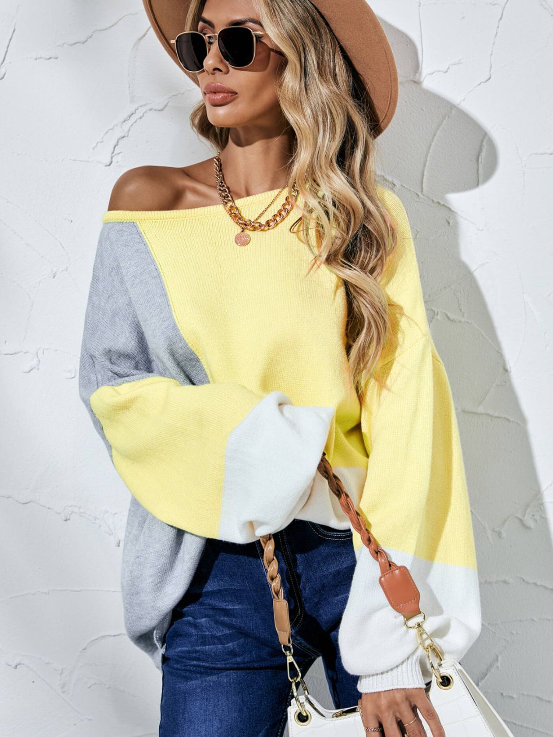 Color Block Balloon Sleeve Boat Neck Sweater-Mope's Closet