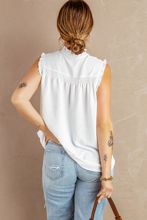 Buttoned Frill Trim Smocked Sleeveless Blouse-Mope's Closet