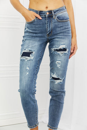 Judy Blue Dahlia Full Size Distressed Patch Jeans-Mope's Closet