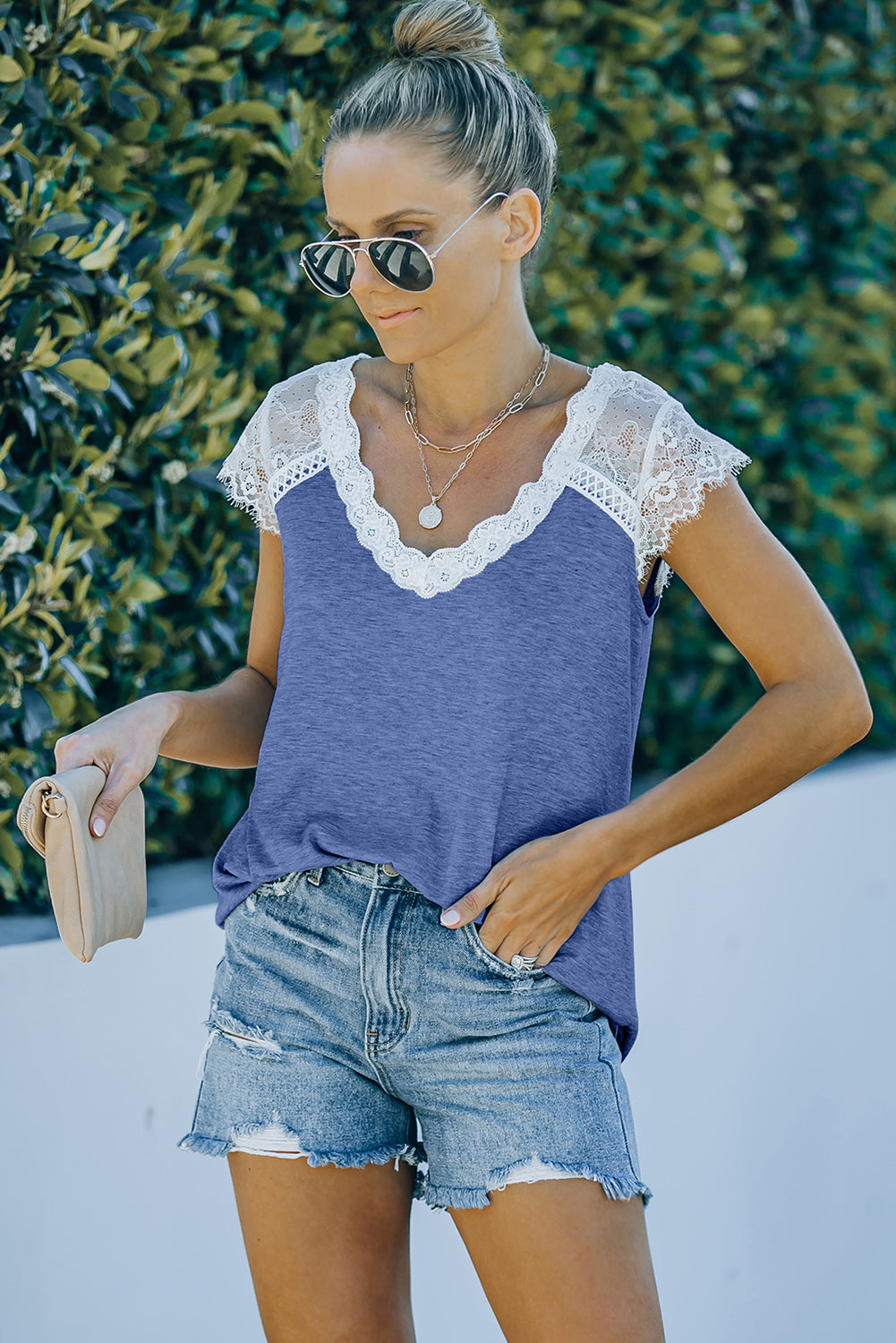 Scalloped Spliced Lace V-Neck Top-Mope's Closet