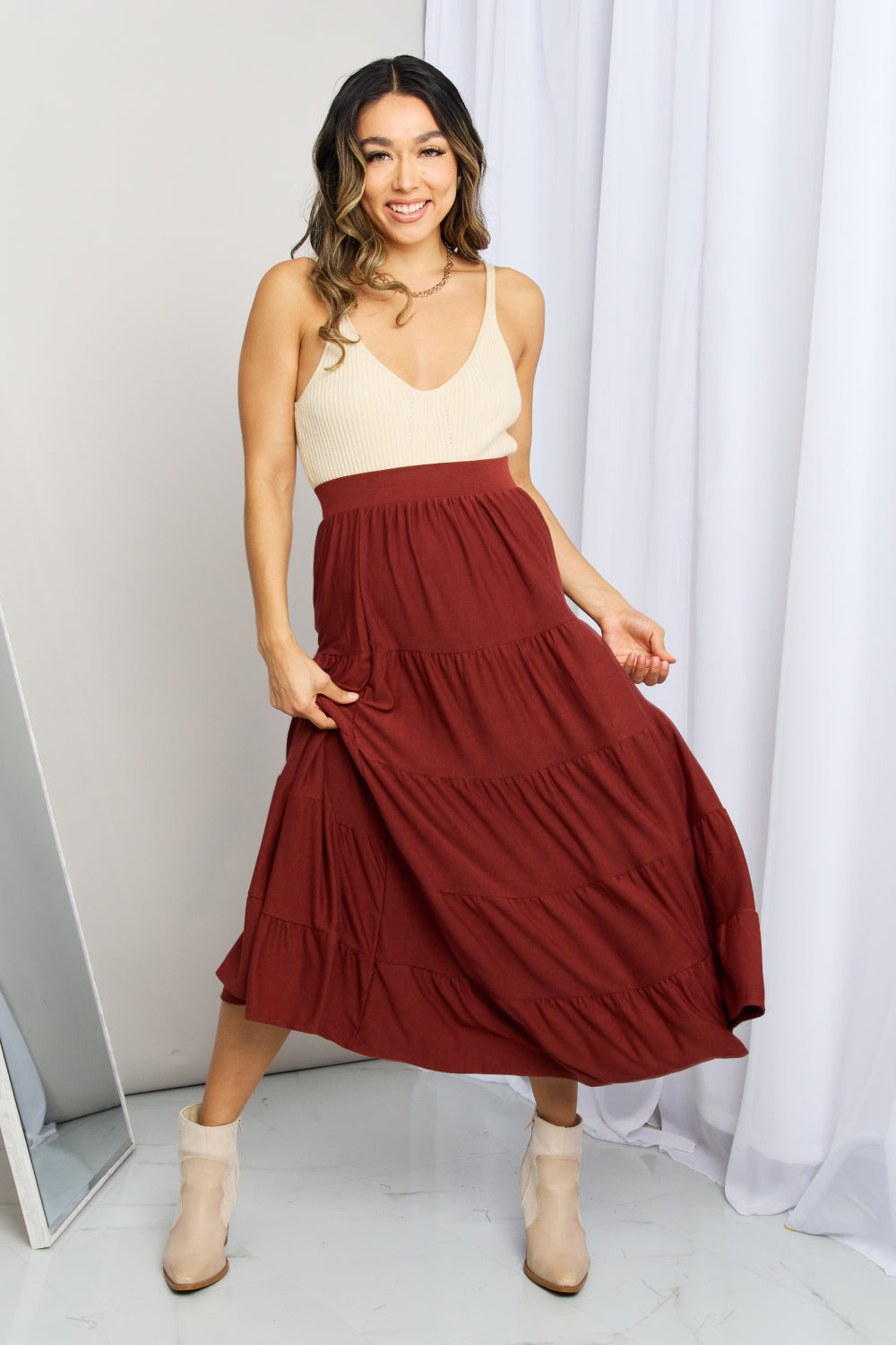 Zenana Wide Waistband Tiered Midi Skirt-Mope's Closet