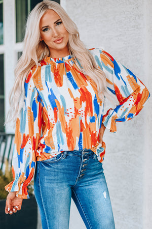 Paint Print Ruffle Collar Flounce Sleeve Top-Mope's Closet