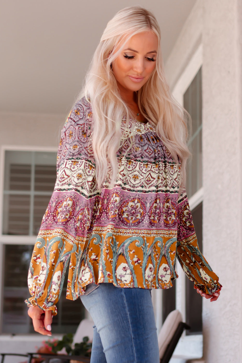 Bohemian Long Flounce Sleeve V-Neck Blouse-Mope's Closet