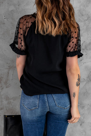 Polka Dot Lace Trim Spliced Mesh Blouse-Mope's Closet