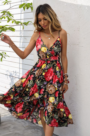 Floral Spaghetti Strap Crisscross Tied Dress-Mope's Closet